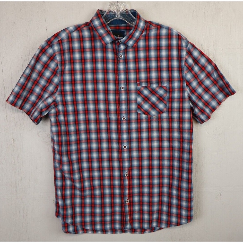 Mens Armani Exchange Button Front Shirt Blue Red Plaid Geometric Size M Cotton